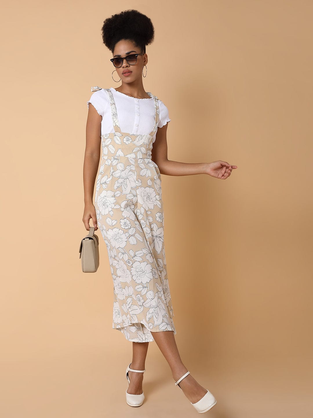 Women's Beige Printed Capri Jumpsuit