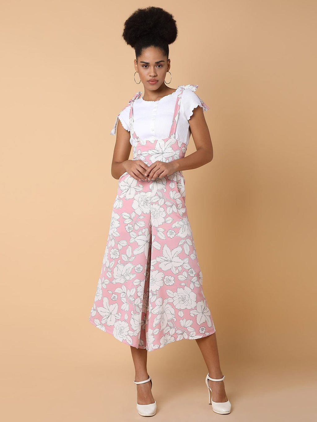 Women's Pink Printed Capri Jumpsuit
