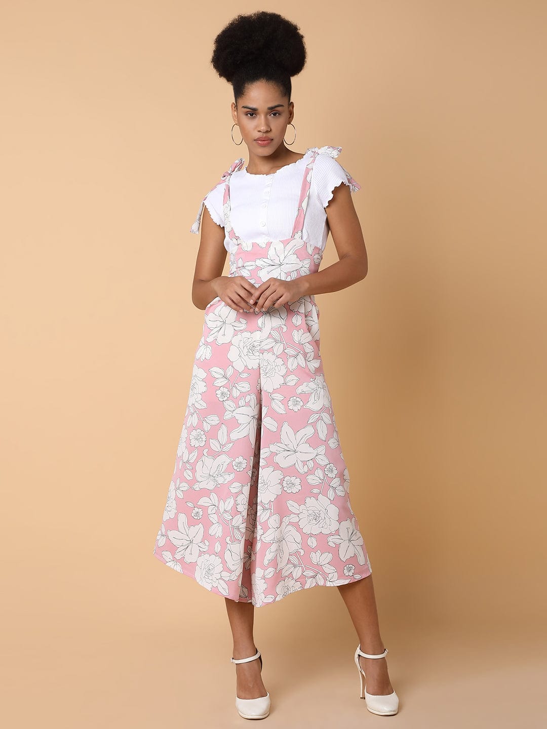 Women's Pink Printed Capri Jumpsuit