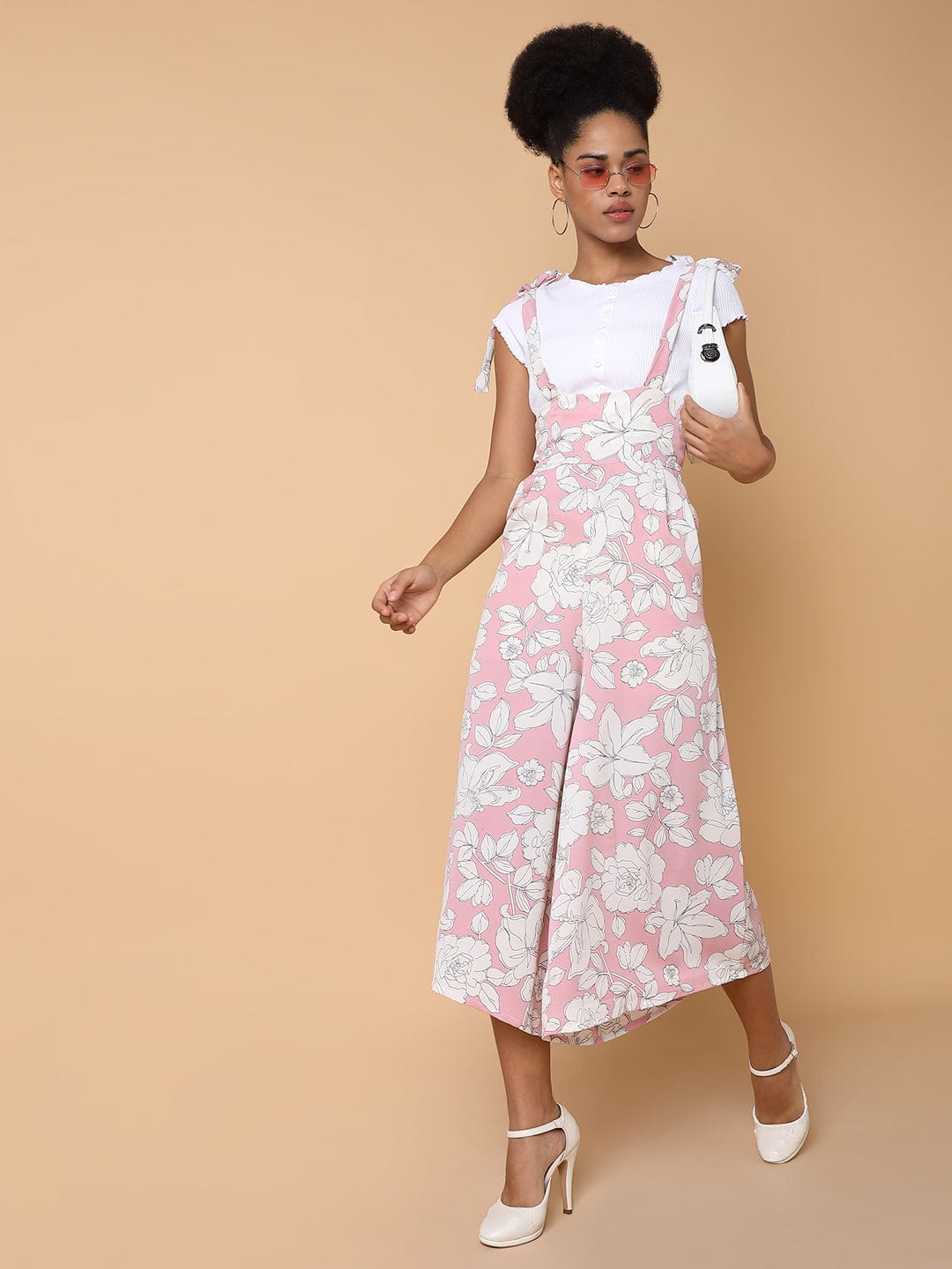 Women's Pink Printed Capri Jumpsuit