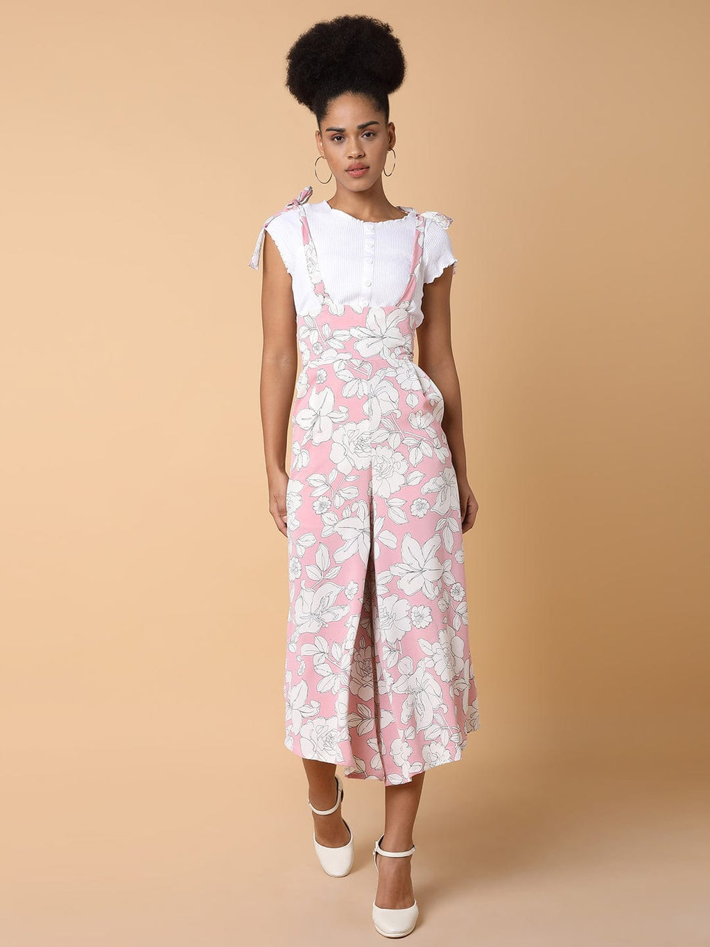 Women's Pink Printed Capri Jumpsuit