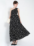 Women's Black Conversational Printed One Shoulder Fit & Flare Maxi Dress