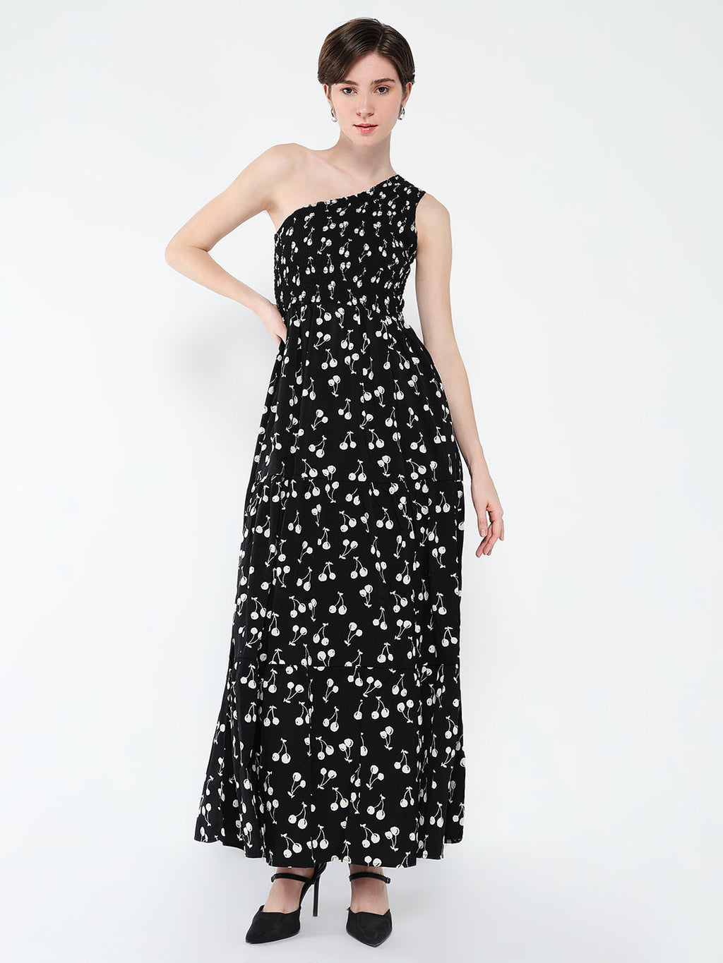Women's Black Conversational Printed One Shoulder Fit & Flare Maxi Dress