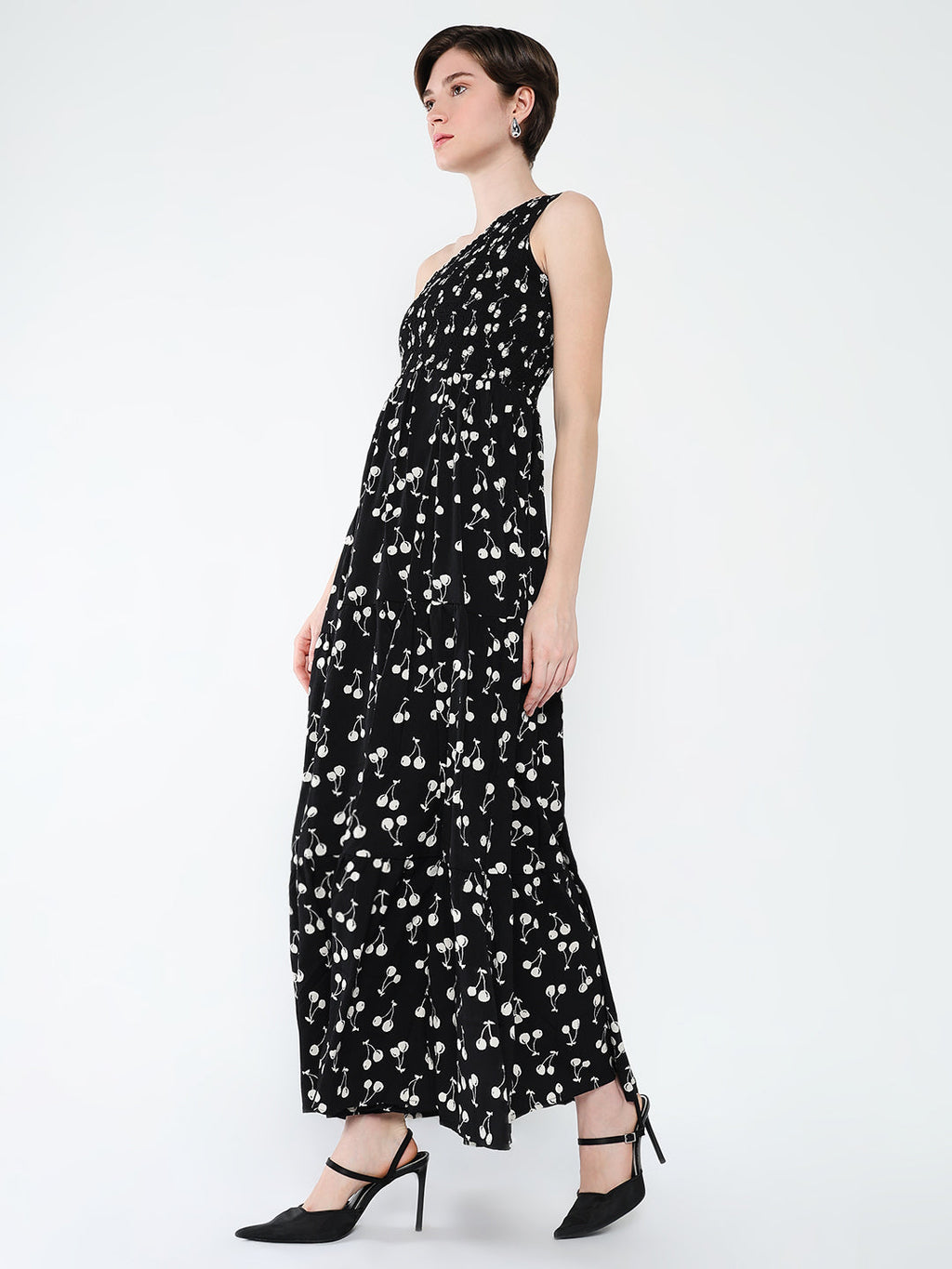 Women's Black Conversational Printed One Shoulder Fit & Flare Maxi Dress