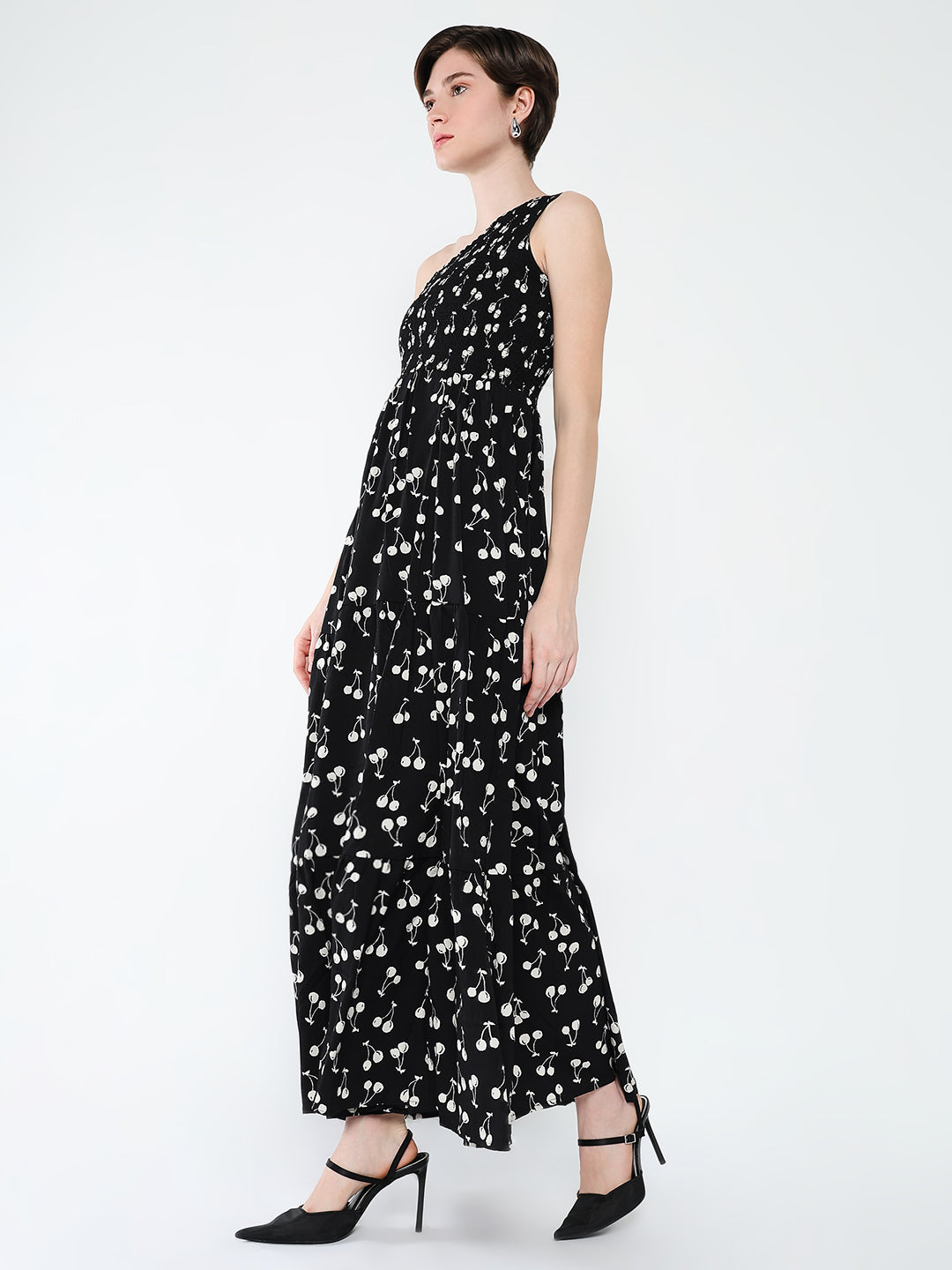 Women's Black Conversational Printed One Shoulder Fit & Flare Maxi Dress