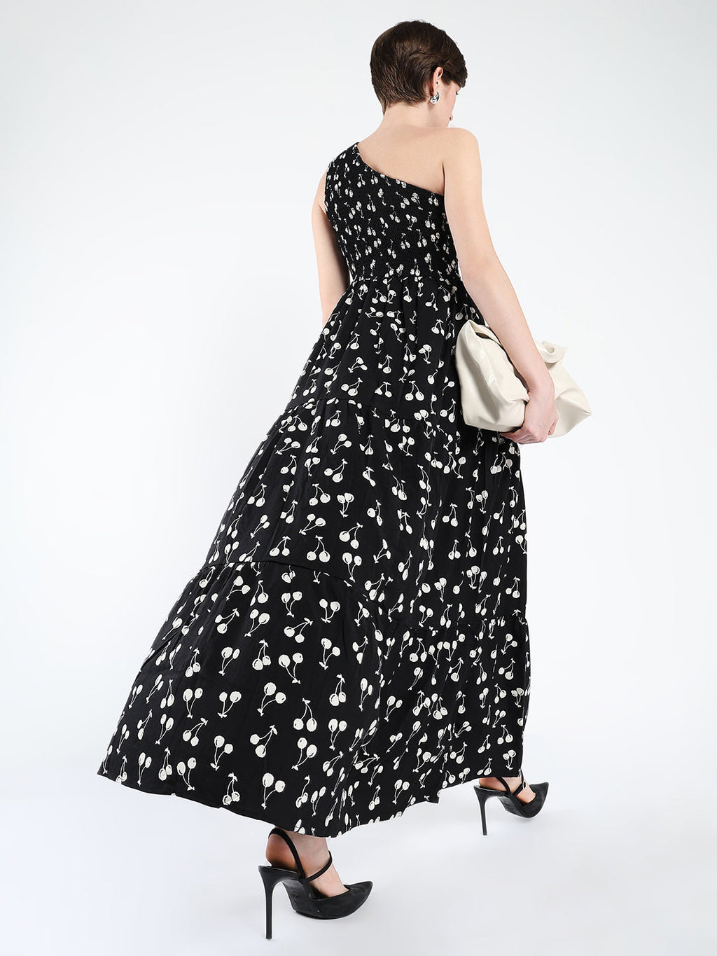 Women's Black Conversational Printed One Shoulder Fit & Flare Maxi Dress