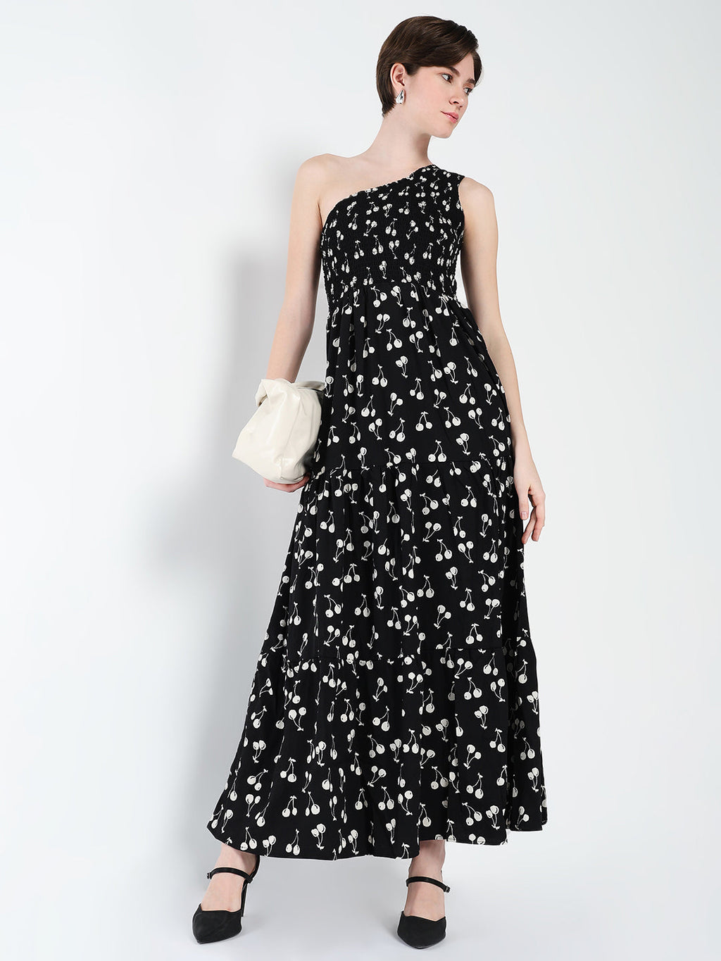 Women's Black Conversational Printed One Shoulder Fit & Flare Maxi Dress