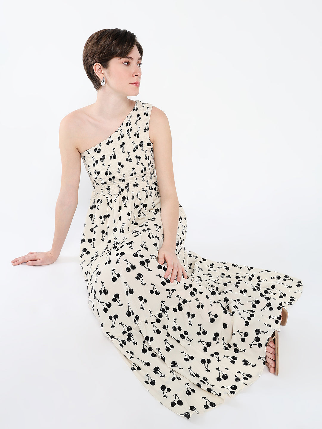 Women's Off White Print One Shoulder Crepe Fit & Flare Maxi Dress