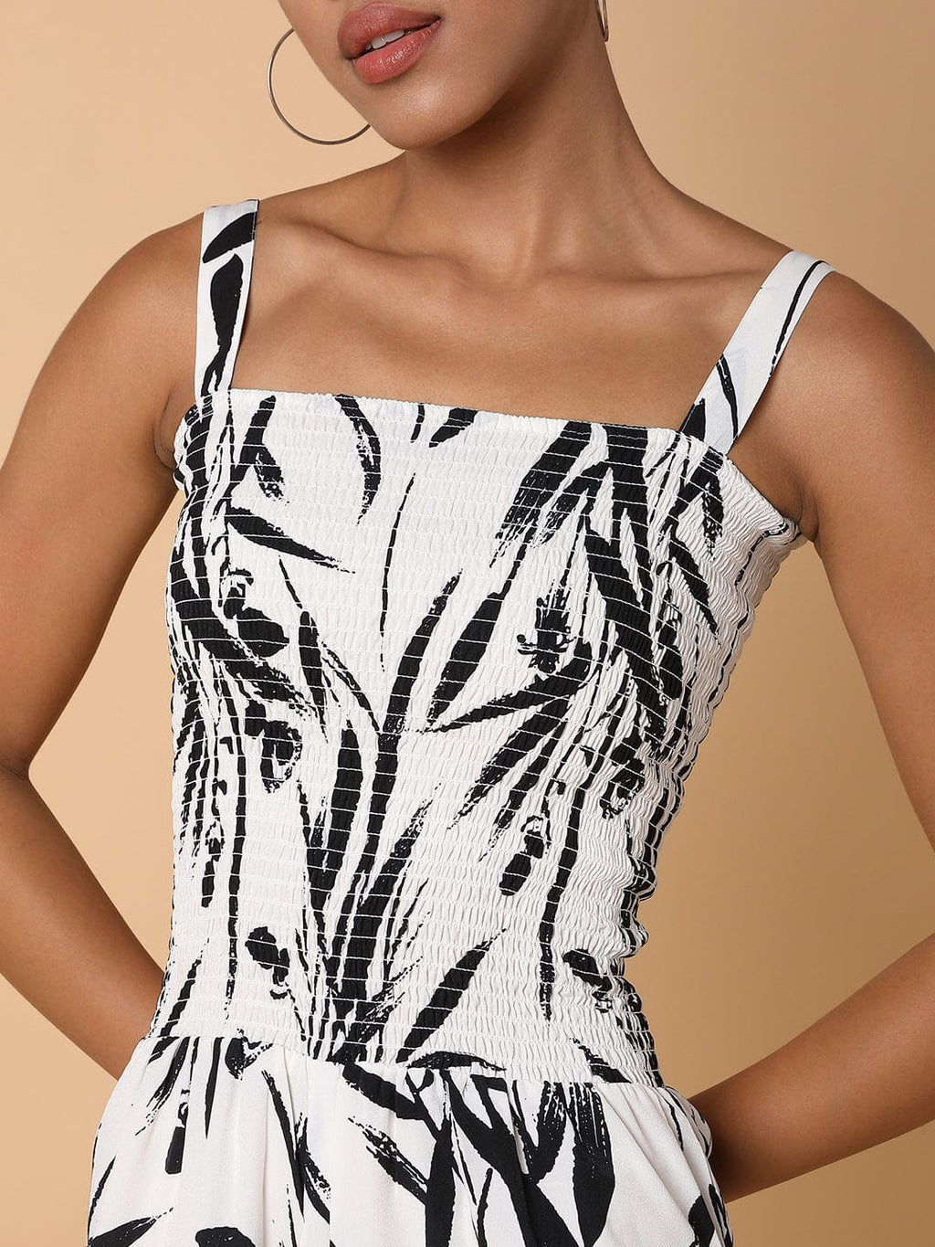 Women's Cream Printed Basic Jumpsuit with Shrug