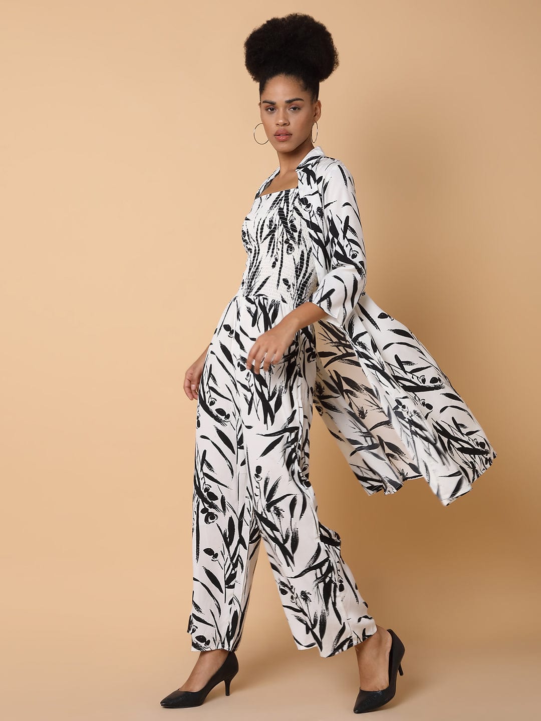 Women's Cream Printed Basic Jumpsuit with Shrug