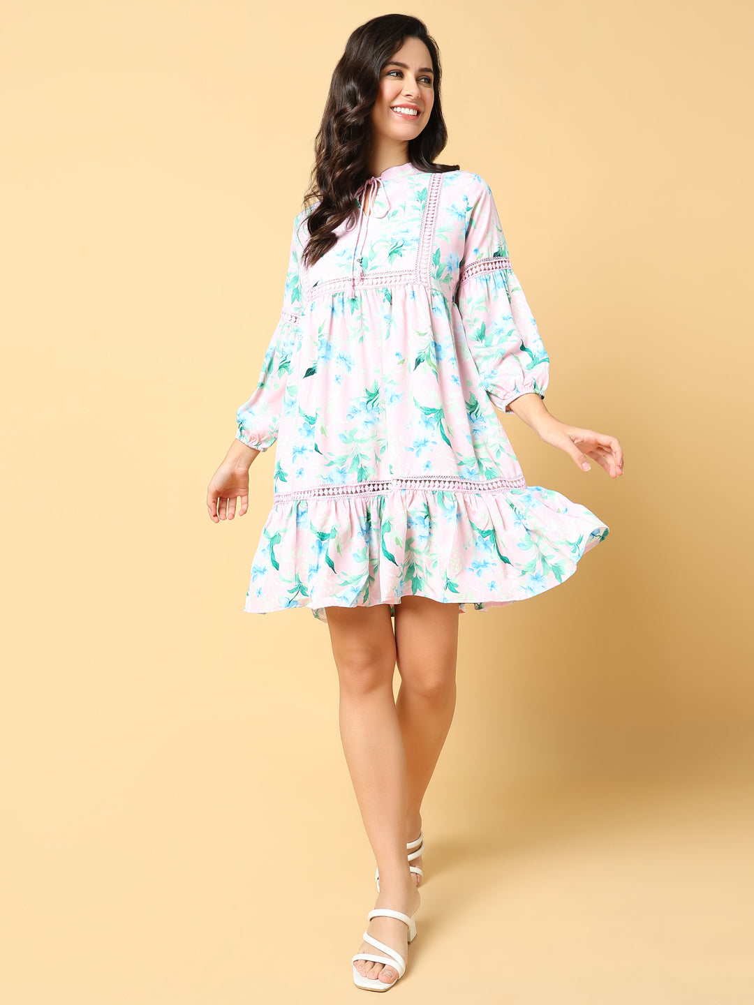 Women's Pink Floral Printed Cotton Puff Sleeve A-Line Above Knee Dress