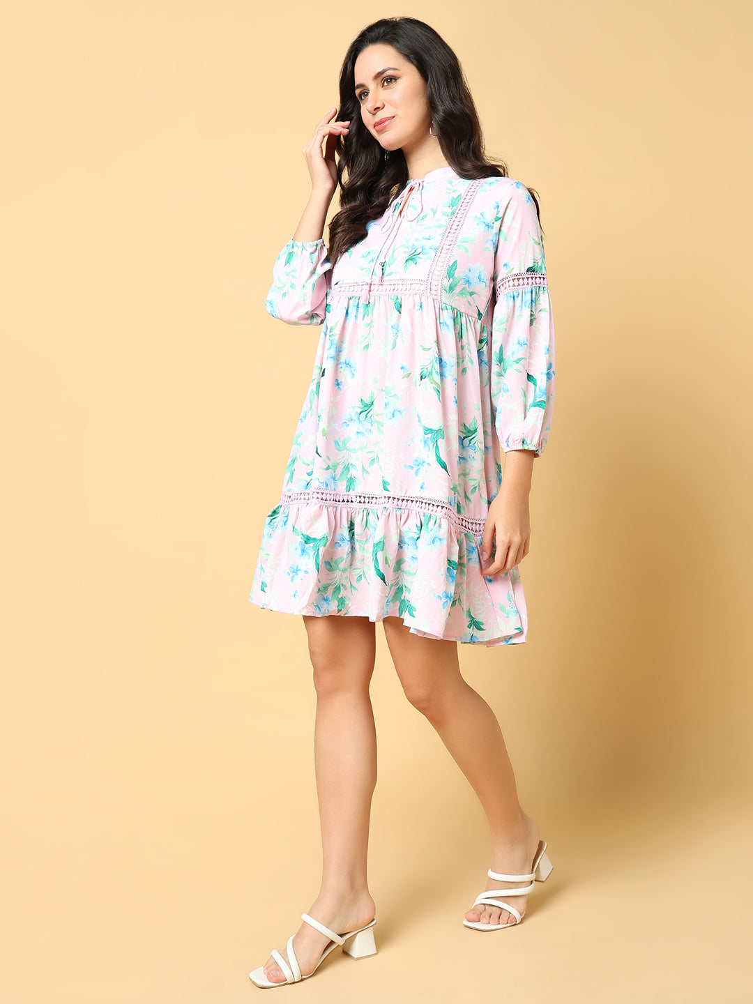 Women's Pink Floral Printed Cotton Puff Sleeve A-Line Above Knee Dress