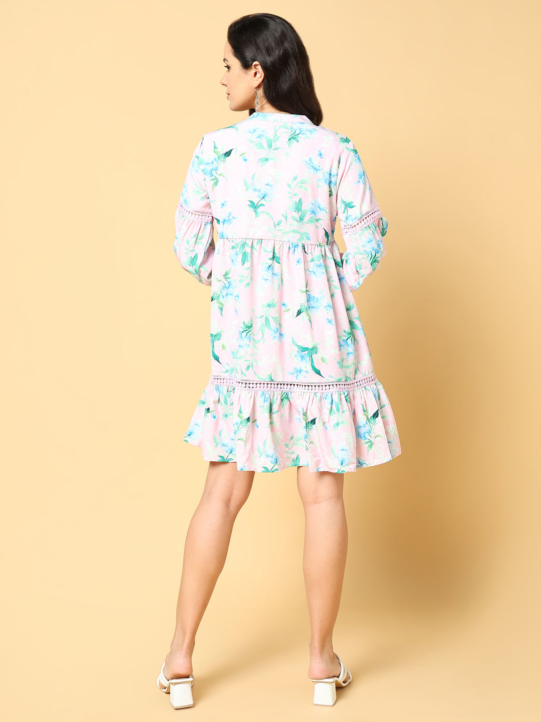 Women's Pink Floral Printed Cotton Puff Sleeve A-Line Above Knee Dress