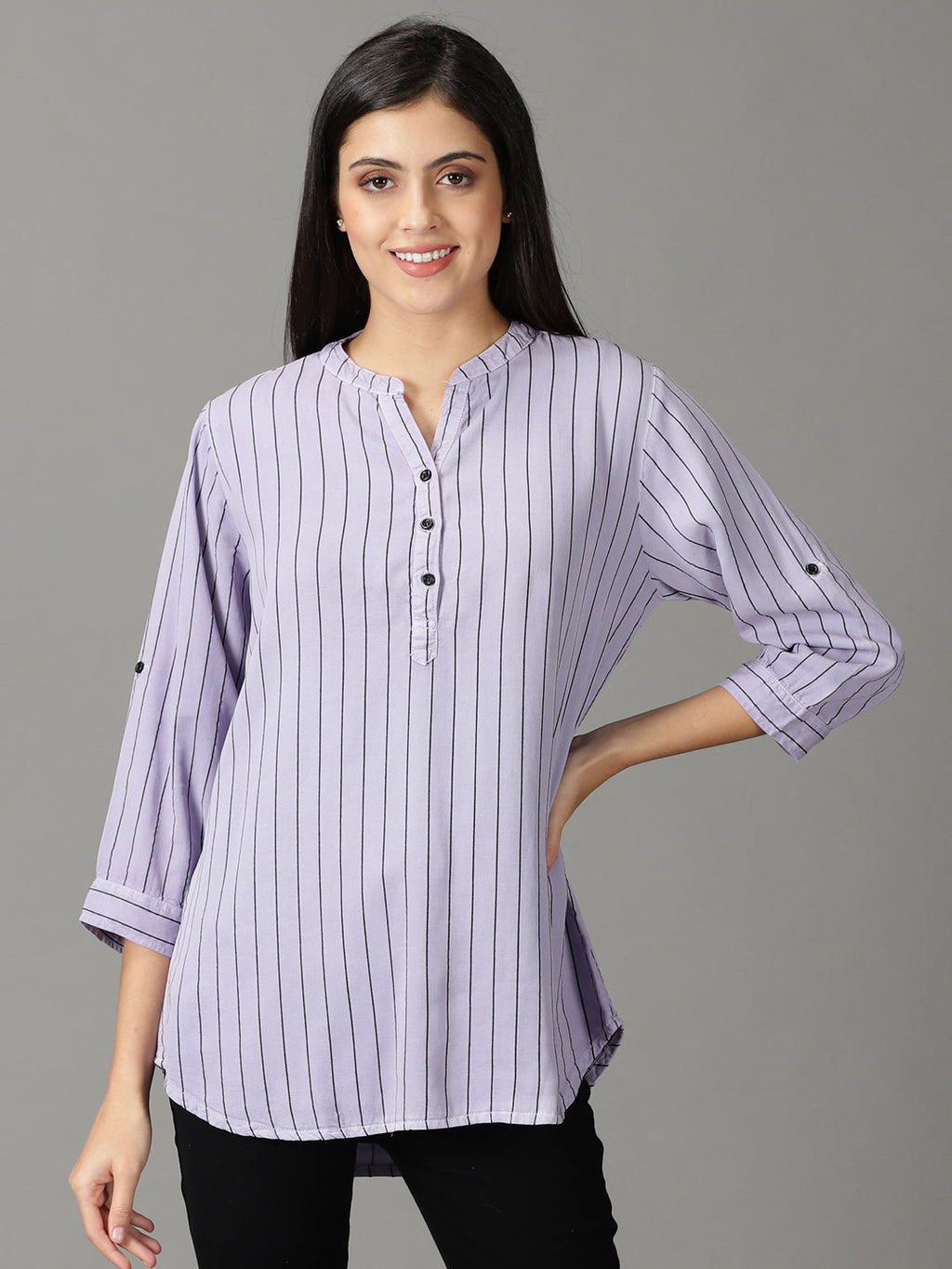 Women's Lavender Striped Mandarin Collar Roll-Up Sleeves Shirt Style Top