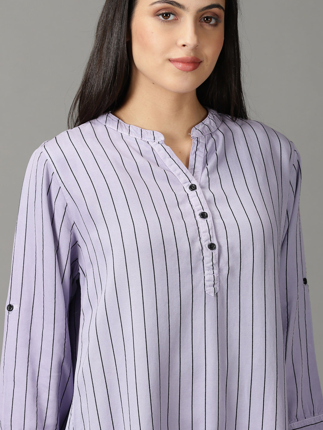 Women's Lavender Striped Mandarin Collar Roll-Up Sleeves Shirt Style Top
