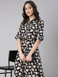 Women's Black Floral Printed Shirt Midi Dress