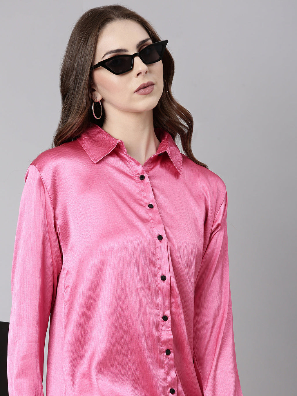 Women's Pink Shirt Collar Satin A-Line Dress