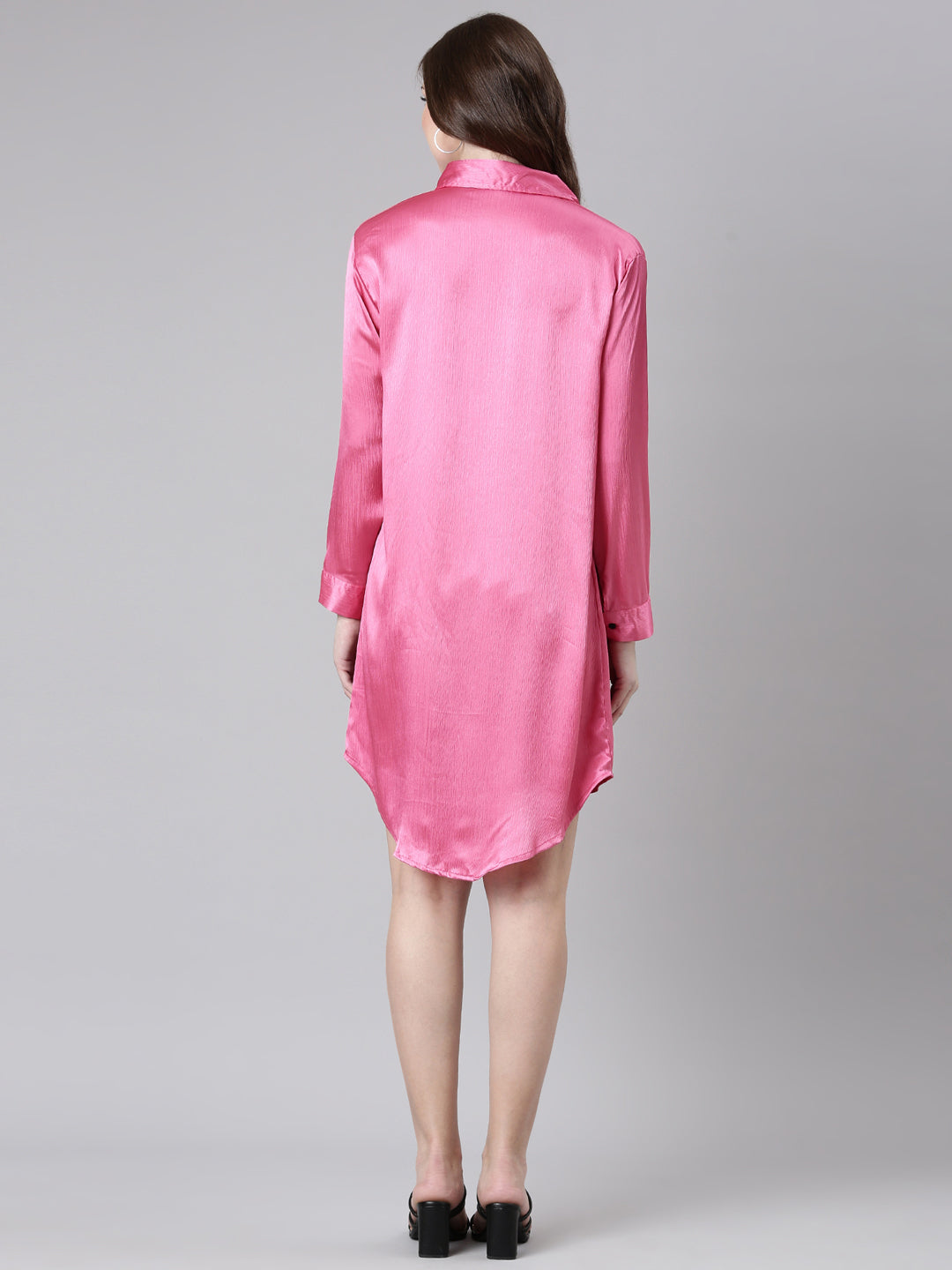 Women's Pink Shirt Collar Satin A-Line Dress