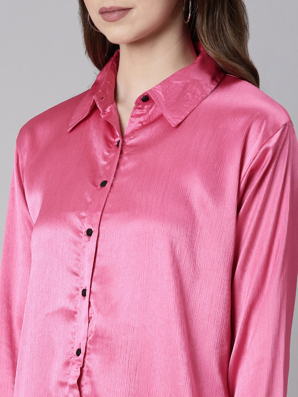 Women's Pink Shirt Collar Satin A-Line Dress