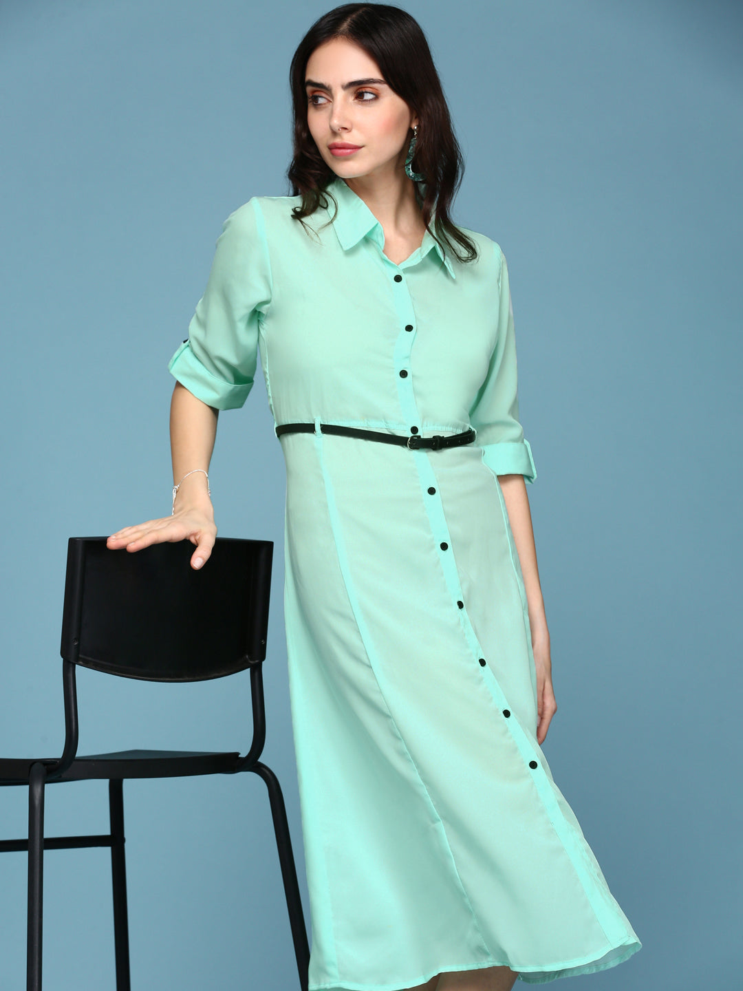 Women's Green Solid Roll-Up Sleeves Shirt Style Midi Dress