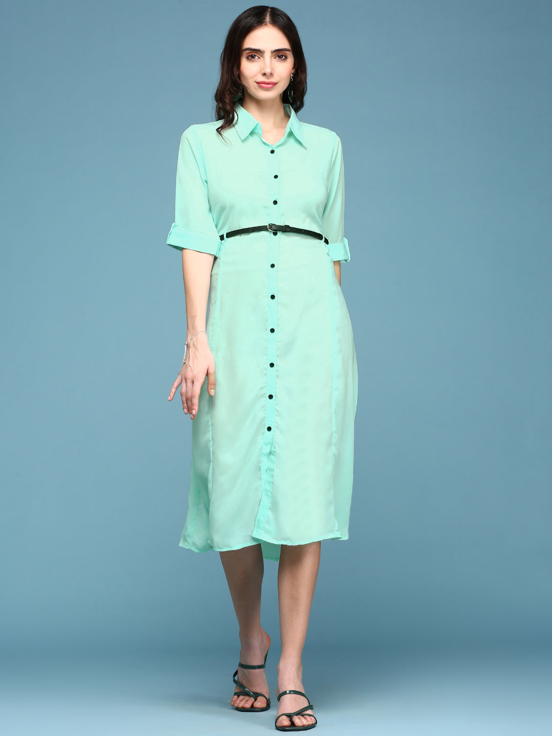 Women's Green Solid Roll-Up Sleeves Shirt Style Midi Dress