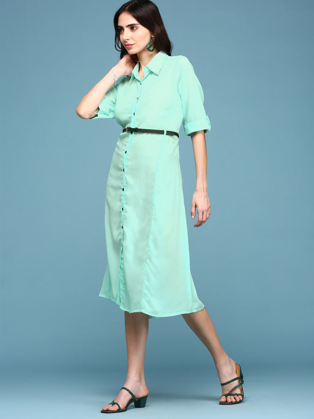 Women's Green Solid Roll-Up Sleeves Shirt Style Midi Dress
