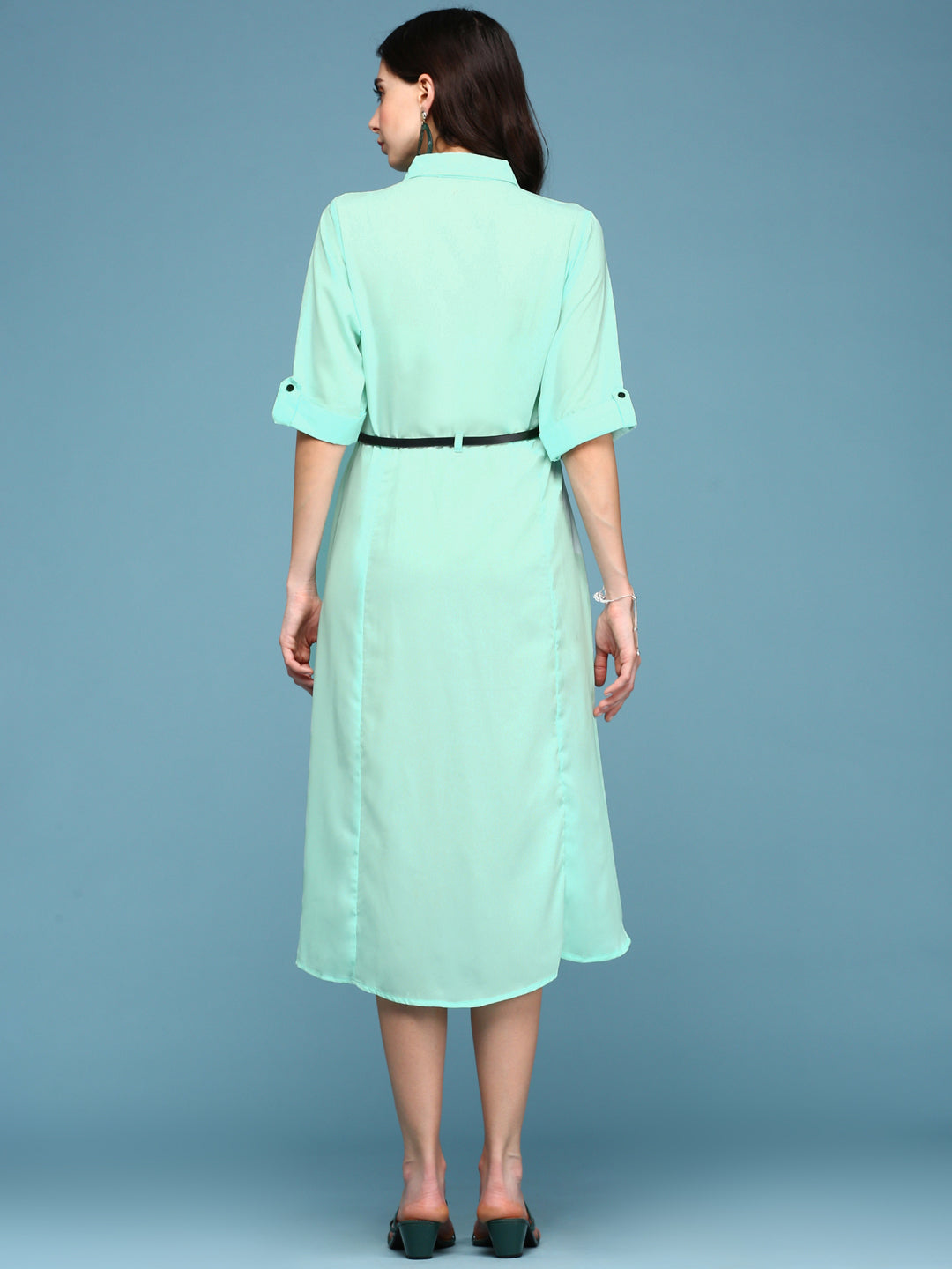 Women's Green Solid Roll-Up Sleeves Shirt Style Midi Dress