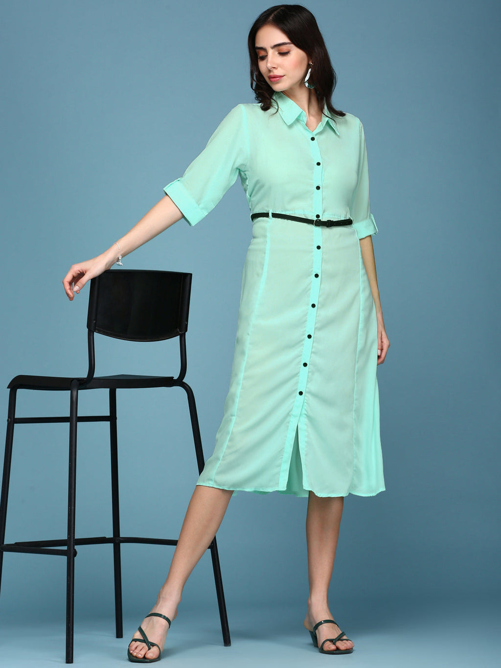 Women's Green Solid Roll-Up Sleeves Shirt Style Midi Dress