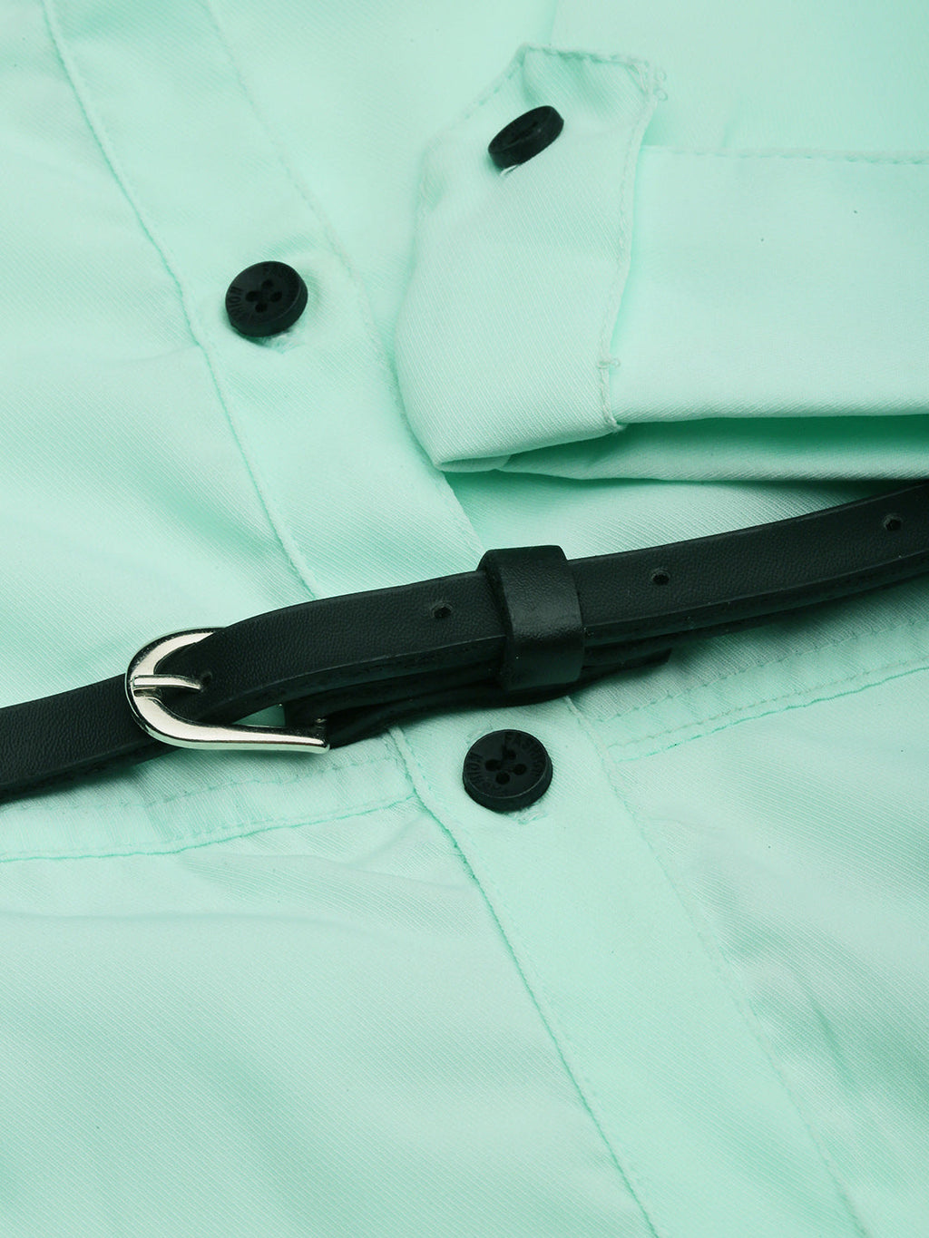 Women's Green Solid Roll-Up Sleeves Shirt Style Midi Dress
