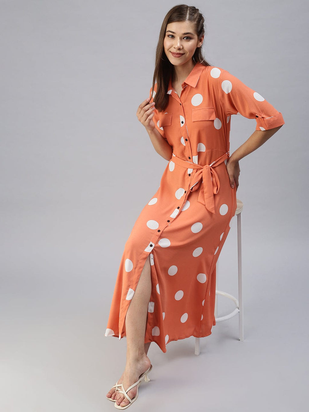 Women's Printed Fit and Flare Orange Dress