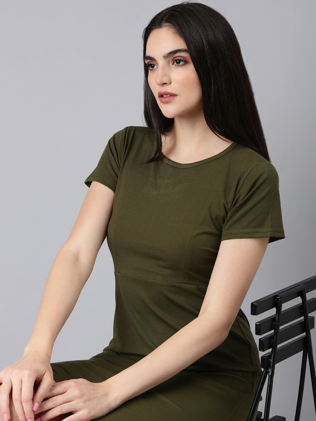 Women's Olive Round Neck T-shirt Mini Dress