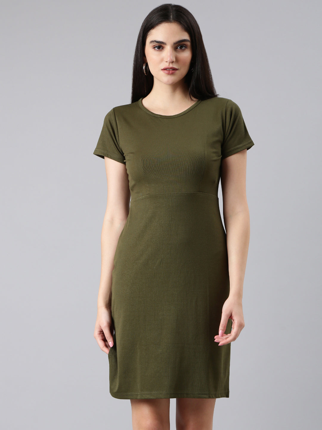 Women's Olive Round Neck T-shirt Mini Dress