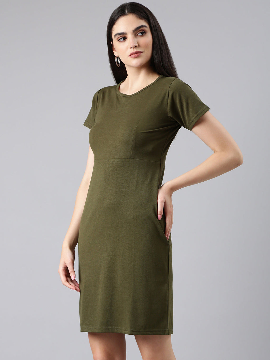 Women's Olive Round Neck T-shirt Mini Dress
