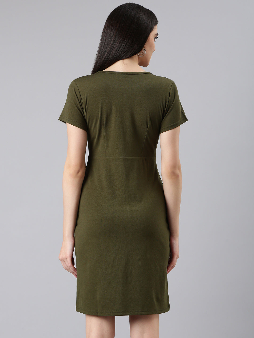 Women's Olive Round Neck T-shirt Mini Dress