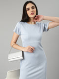 Women's Blue Round Neck Short Sleeves Cotton Knitted Sheath Dress