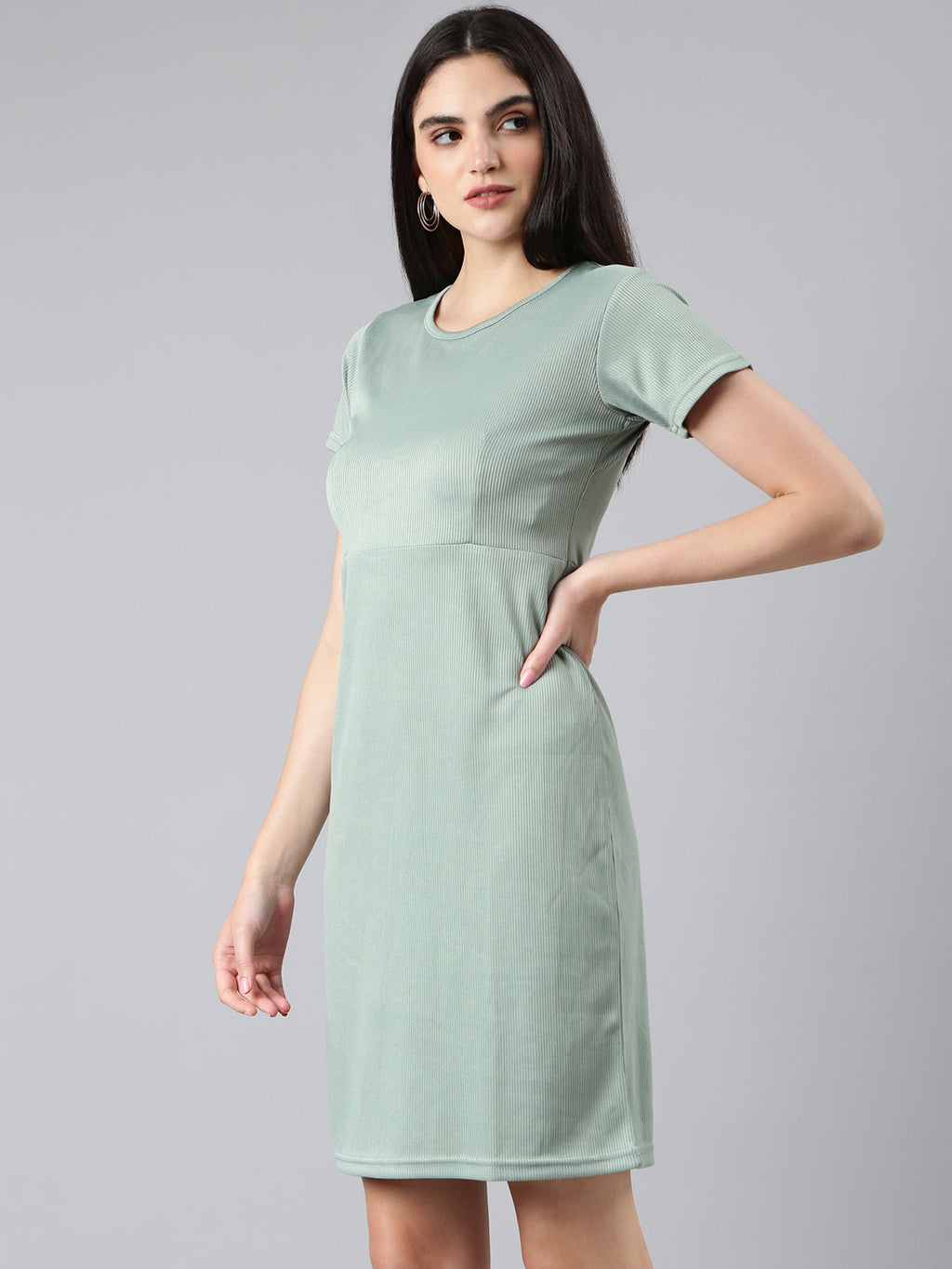 Women's Sea Green Ribbed Sheath Dress