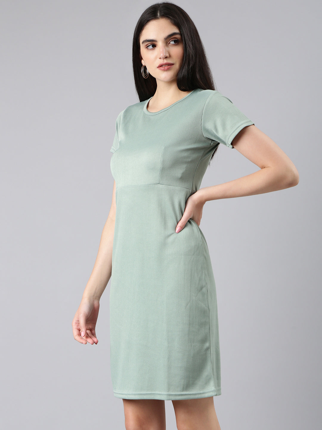 Women's Sea Green Ribbed Sheath Dress