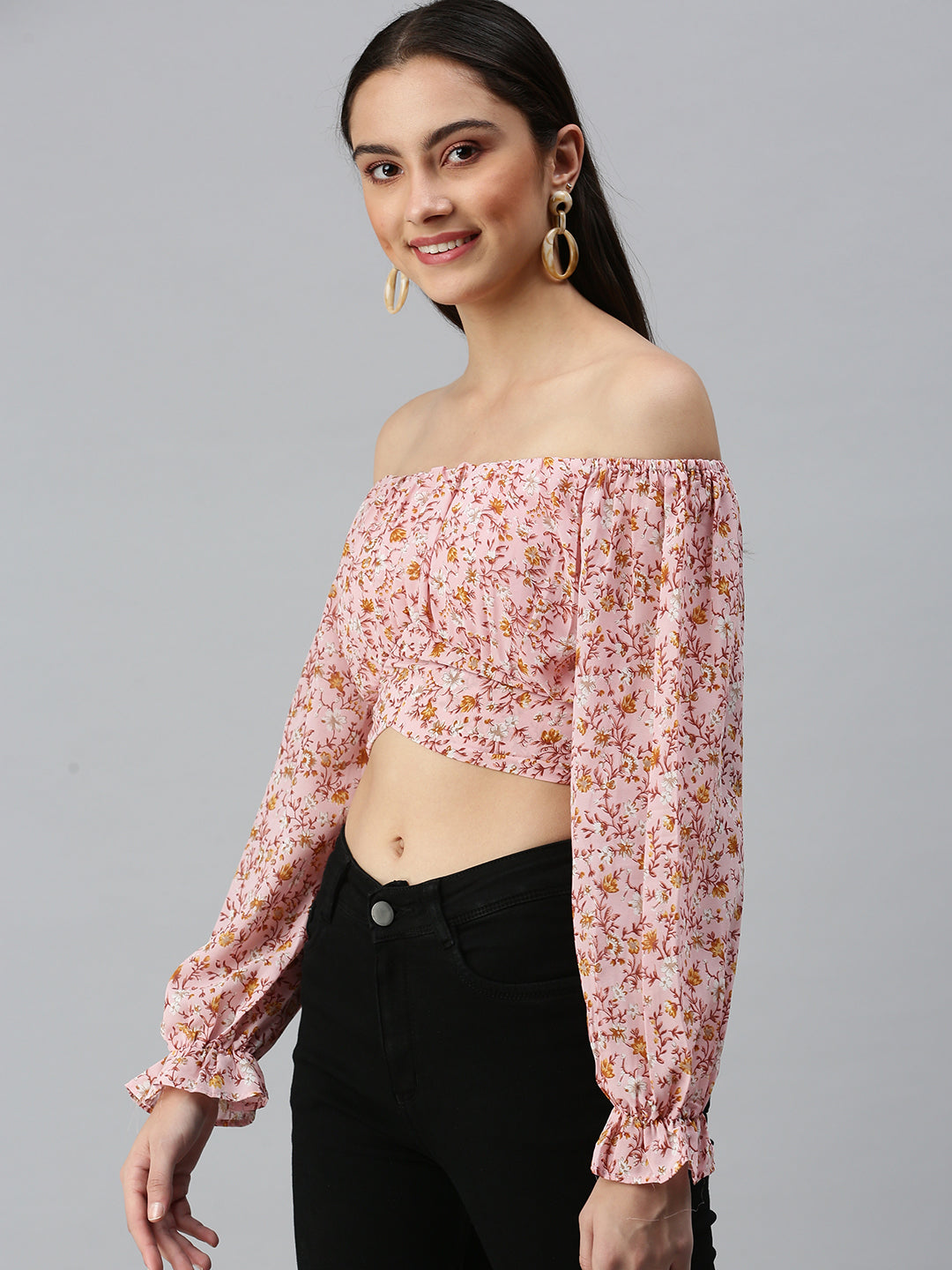 Women's Pink Floral Printed Off-Shoulder Bardot Crop Top