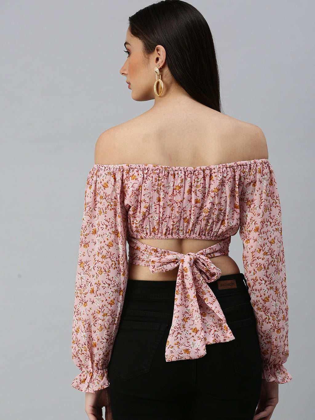 Women's Pink Floral Printed Off-Shoulder Bardot Crop Top