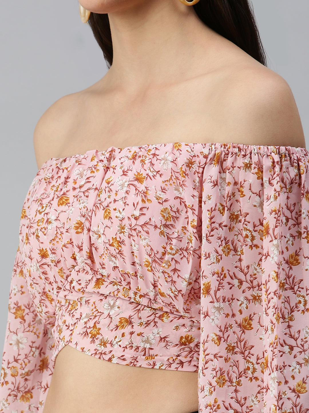 Women's Pink Floral Printed Off-Shoulder Bardot Crop Top