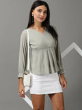 Women's Sea Green Self Design V-Neck Bishop Sleeves Wrap Top