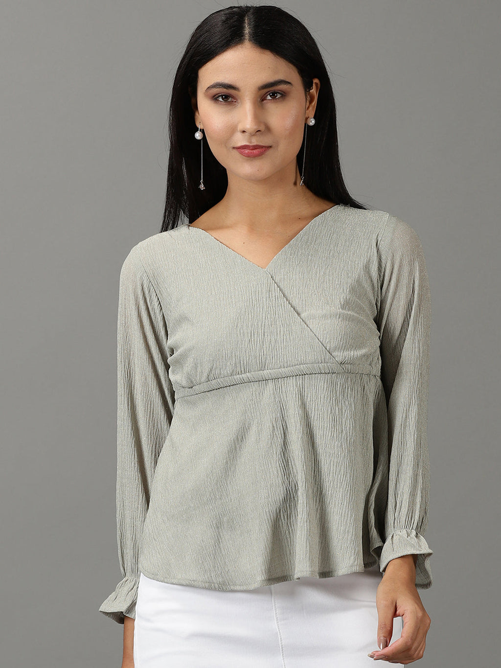 Women's Sea Green Self Design V-Neck Bishop Sleeves Wrap Top