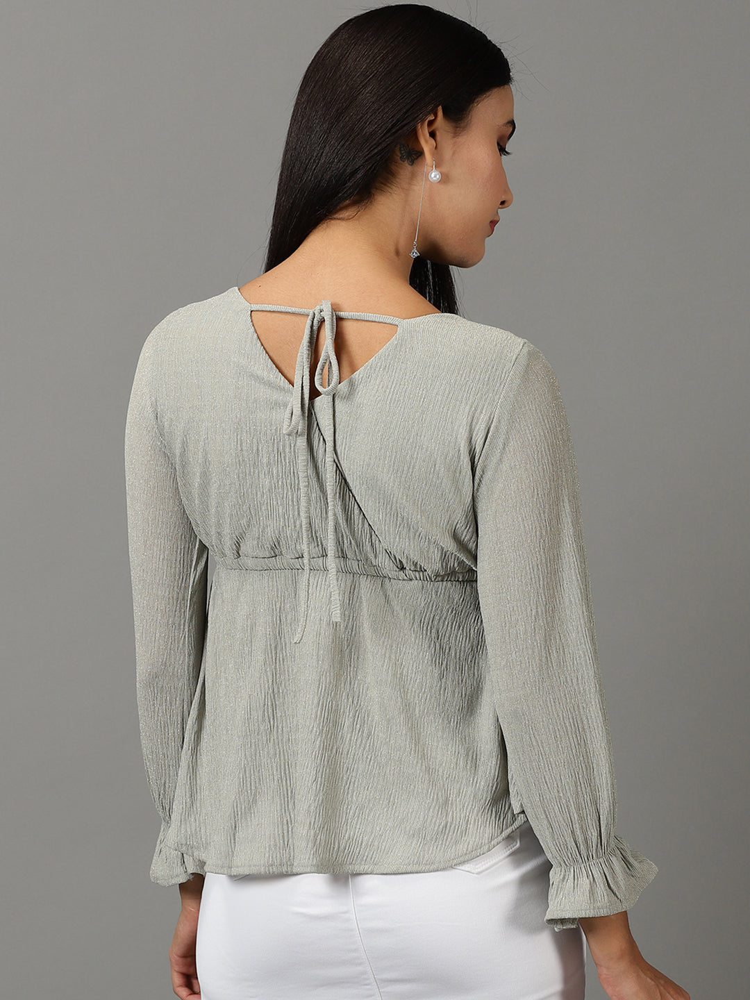 Women's Sea Green Self Design V-Neck Bishop Sleeves Wrap Top
