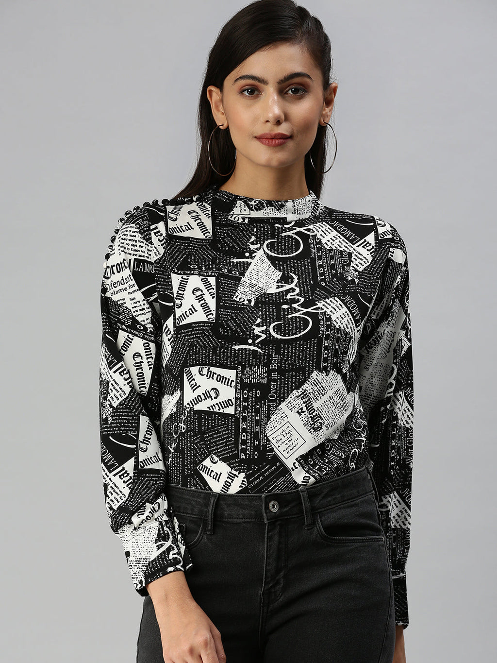 Women's Black Floral Print Mandarin Collar Monochrome Crepe Top