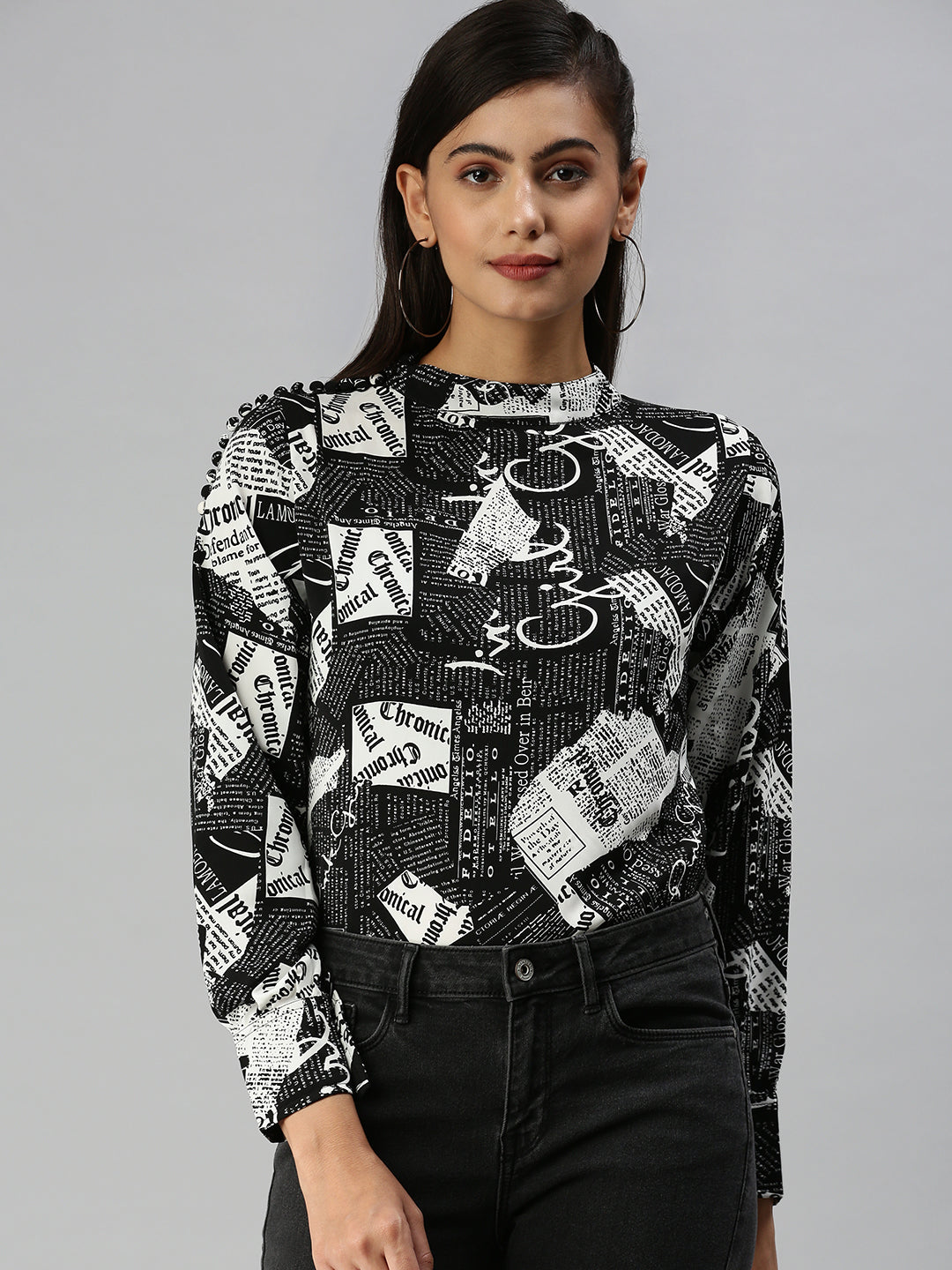 Women's Black Floral Print Mandarin Collar Monochrome Crepe Top