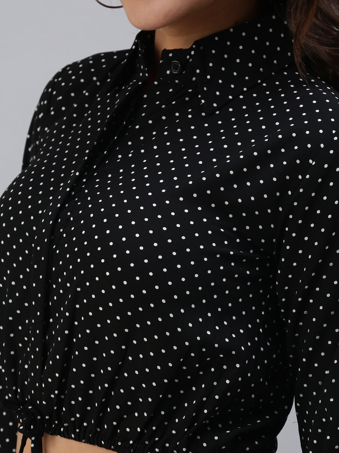 Women's Black Print Crepe Shirt Collar Crop Top