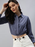 Women's Grey Floral Print Crepe Shirt Style Crop Top