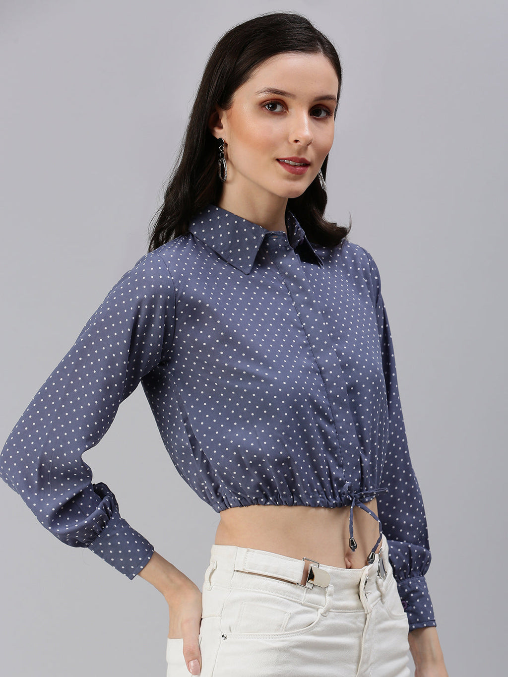 Women's Grey Floral Print Crepe Shirt Style Crop Top
