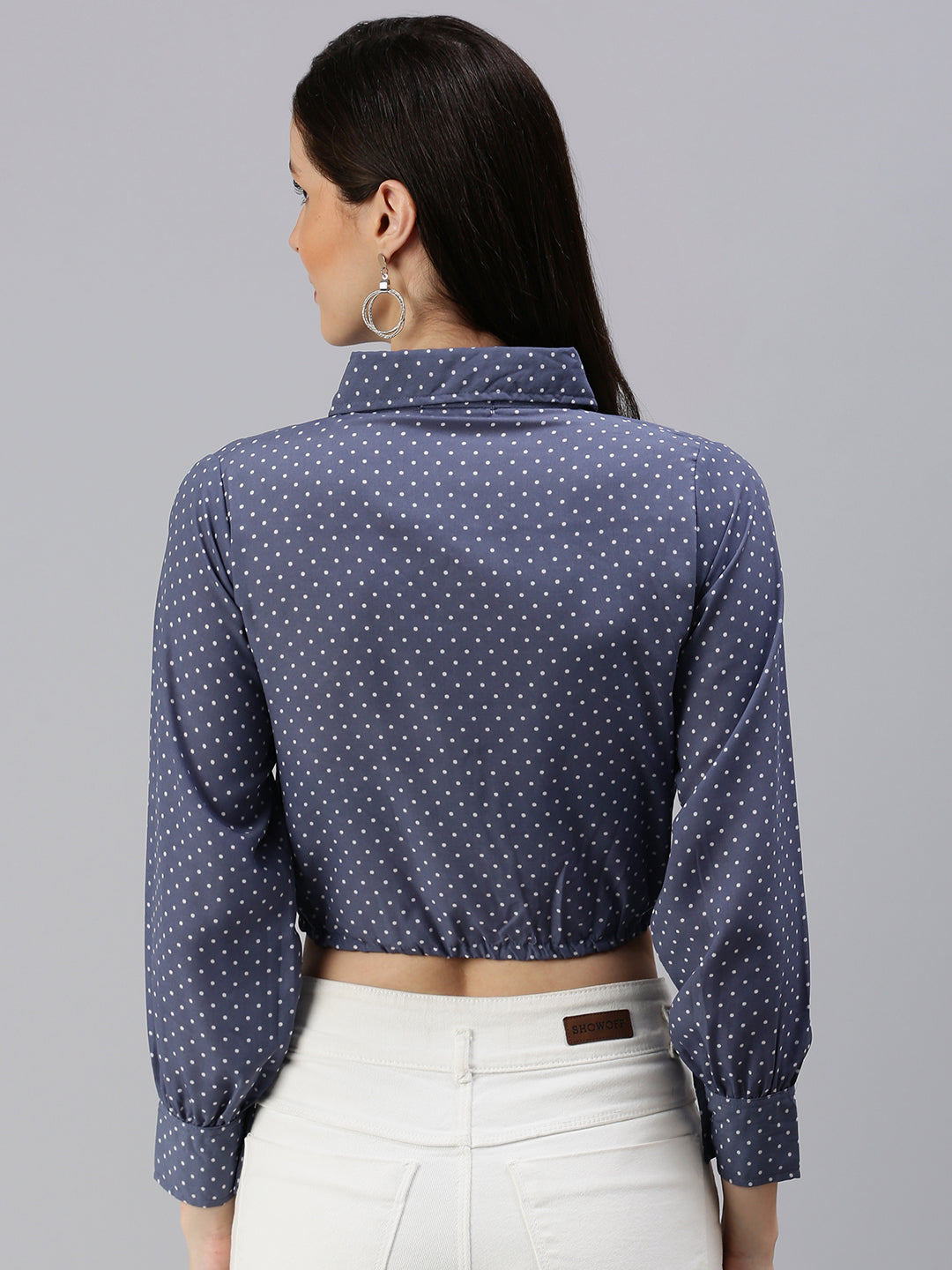Women's Grey Floral Print Crepe Shirt Style Crop Top