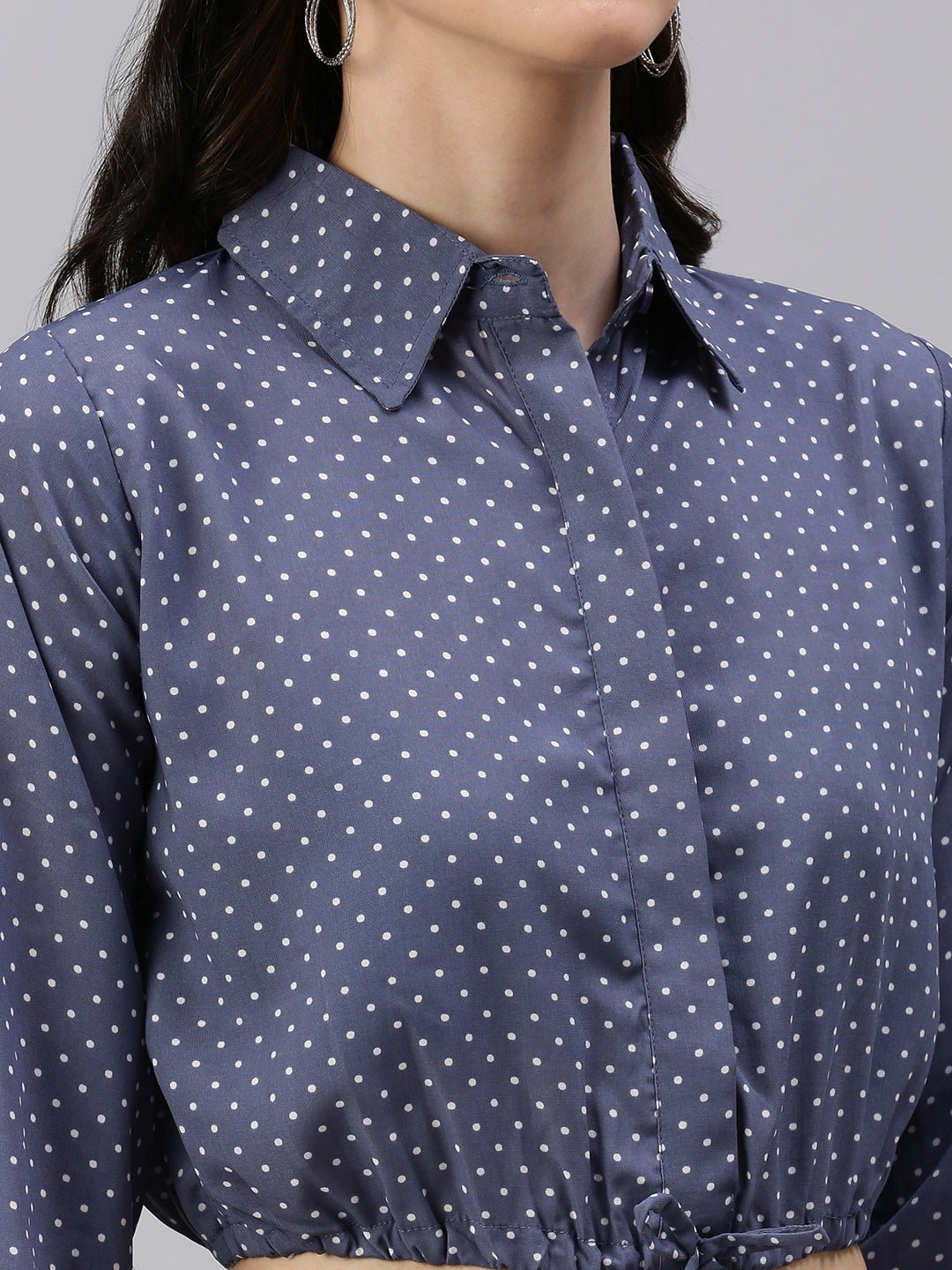Women's Grey Floral Print Crepe Shirt Style Crop Top